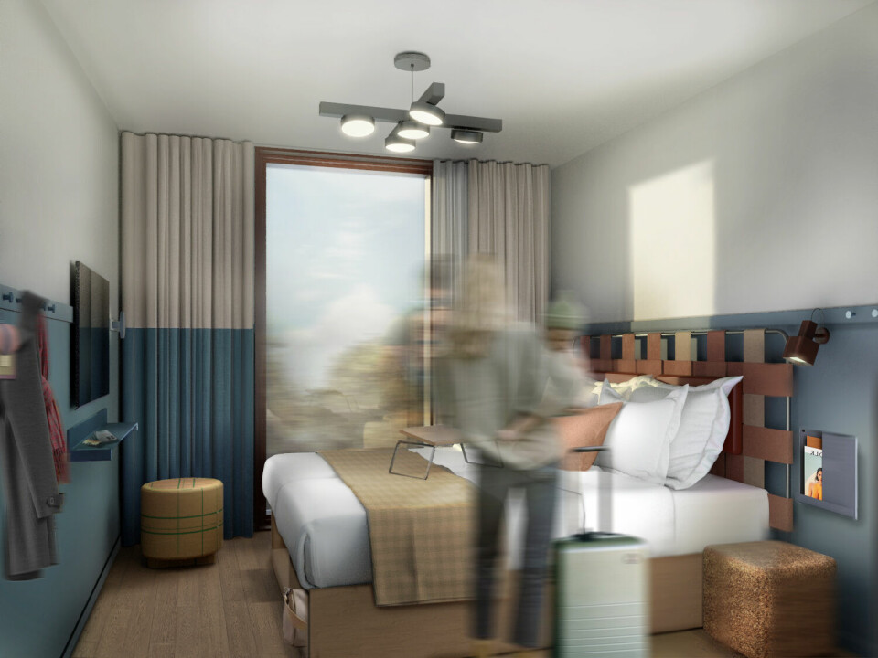 Illustrasjon av hvordan rommene i den nye hotellkjeden skal bli seende ut.