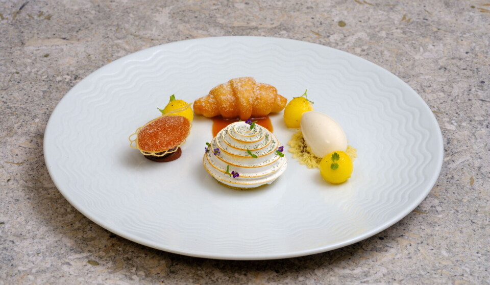 Dessert med Valrhona Grand Cru Guanaja 70 %, Dilmah Tea og 1 Les Vergers Boiron-produkt. Dessert med Valrhona Grand Cru Guanaja 70 %, Dilmah Tea og 1 Les Vergers Boiron-produkt.