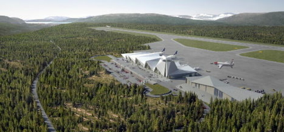 Fra 2016 skal også Norwegian-fly kunne lande og ta av i Mo i Rana. Illustrasjonen viser hvordan den helt nye flyplassen blir liggende i forhold til byen (i bakgrunnen). (Illustrasjon: Polarsirkelen Lufthavn)