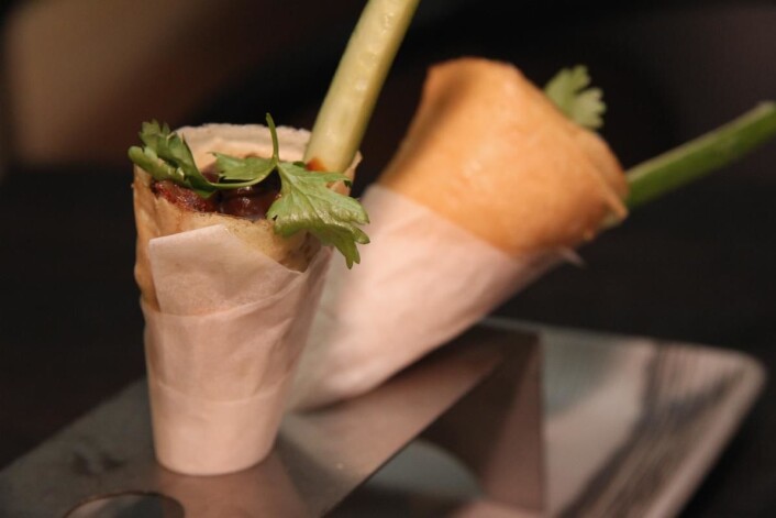 Sprø and: Crispy Duck på NordØst-vis: Anden er pakket i kinesisk pannekake med agurk, vårløk og andreduksjon med hoisin. (Foto: Morten Holt) Sprø and: Crispy Duck på NordØst-vis: Anden er pakket i kinesisk pannekake med agurk, vårløk og andreduksjon med hoisin. (Foto: Morten Holt)