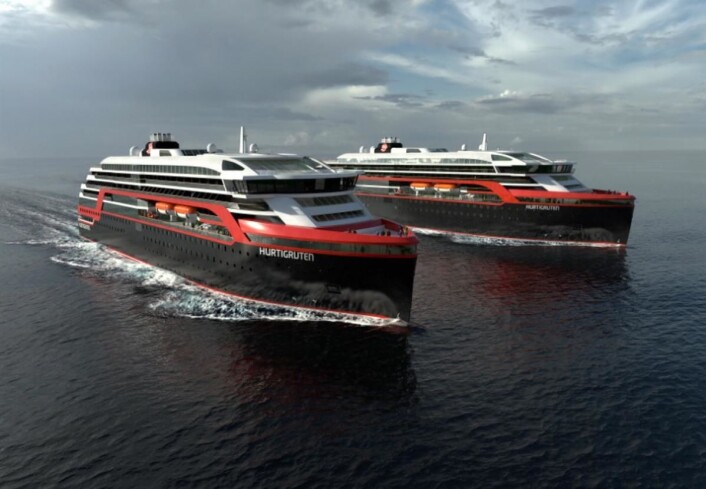 Hurtigruten satser på nye, moderne skip. Skipene er designet og utviklet av Rolls-Royce med bistand fra den anerkjente skipsdesigneren Espen Øino. (Illustrasjon: Hurtigruten) Hurtigruten satser på nye, moderne skip. Skipene er designet og utviklet av Rolls-Royce med bistand fra den anerkjente skipsdesigneren Espen Øino. (Illustrasjon: Hurtigruten)
