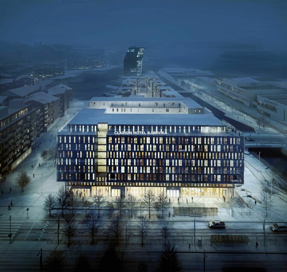 Slik vil Clarion Hotel Bjørvika gli inn i den nye bydelen, ifølge en skisse av hotellet, som skal åpnes i 2019. (Illustrasjon: Nordic Choice Hotels)