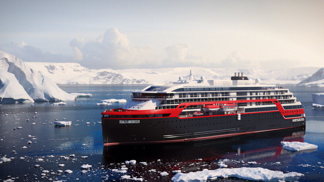 Illustrasjon av det nye hybridskipet til Hurtigruten, MS Roald Amundsen. Illustrasjon av det nye hybridskipet til Hurtigruten, MS Roald Amundsen.