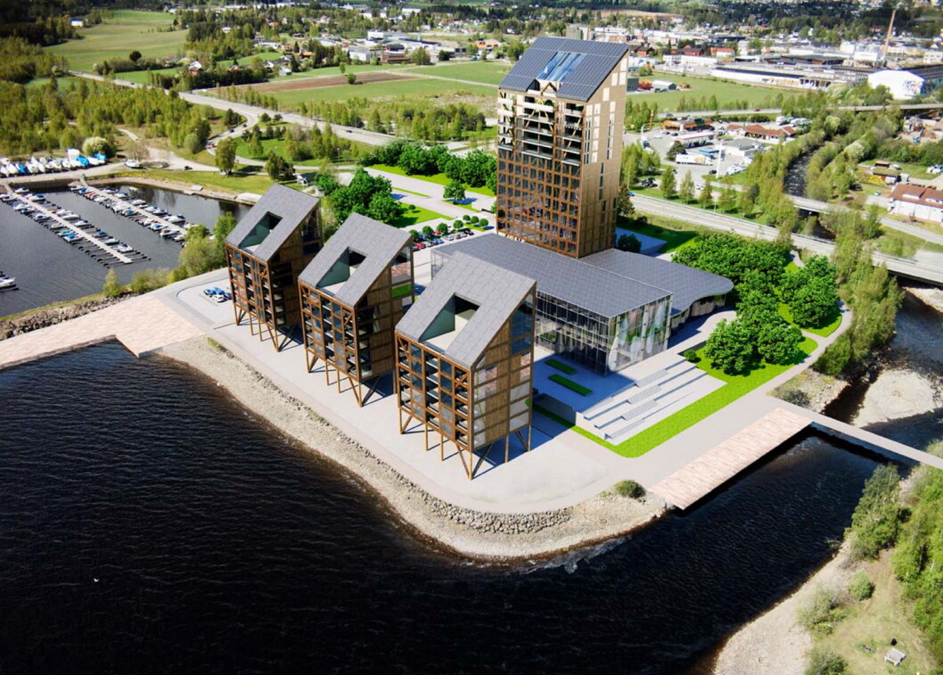 Brumunddal får verdens høyeste trehotell. (Illustrasjon: Voll Arkitekter) Brumunddal får verdens høyeste trehotell. (Illustrasjon: Voll Arkitekter)