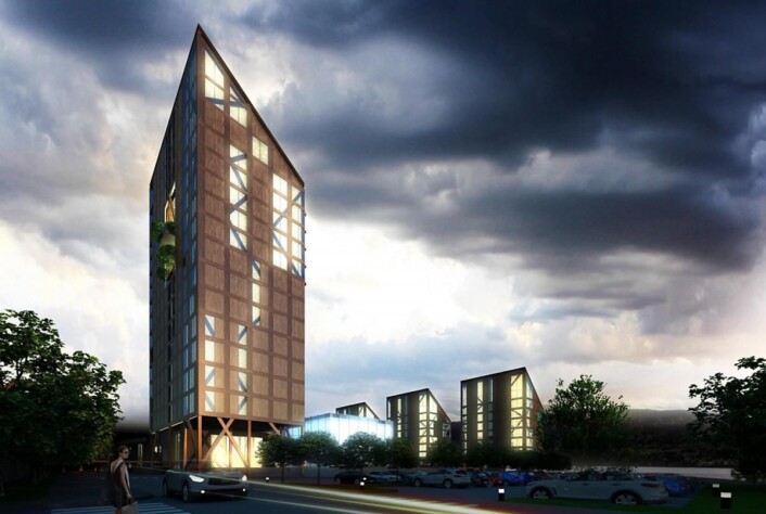 Mjøstårnet. (Illustrasjon: Voll Arkitekter) Mjøstårnet. (Illustrasjon: Voll Arkitekter)