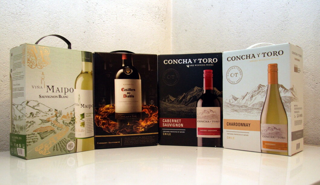Viña Maipo Sauvignon Blanc, Casillero Del Diablo Cabernet Sauvignon, Concha y Toro Cabernet Sauvignon og Concha y Toro Chardonnay. Viña Maipo Sauvignon Blanc, Casillero Del Diablo Cabernet Sauvignon, Concha y Toro Cabernet Sauvignon og Concha y Toro Chardonnay.