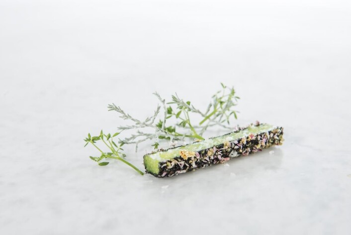 Christopher Davidsens purreløkkjernerett i Bocuse d'Or. (Foto: Fredrik Ringe) Christopher Davidsens purreløkkjernerett i Bocuse d'Or. (Foto: Fredrik Ringe)
