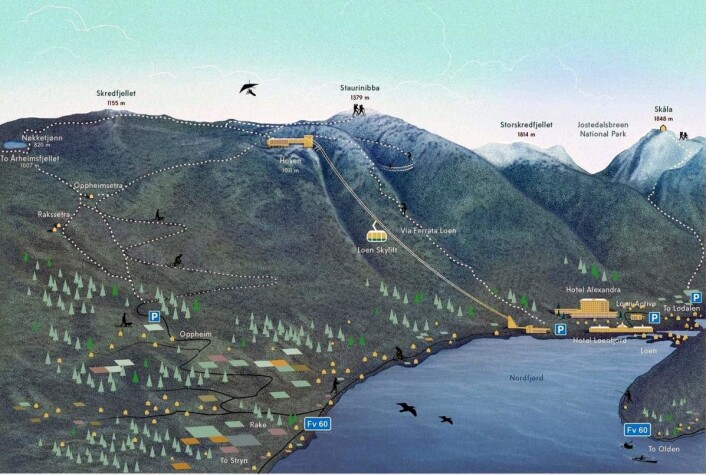 Kartet viser området og pendelbanens beliggenhet i Loen. (Illustrasjon: Loen Skylift) Kartet viser området og pendelbanens beliggenhet i Loen. (Illustrasjon: Loen Skylift)