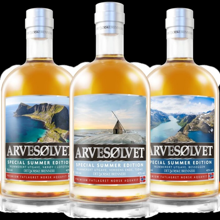 Arvesølvet med motiv fra Værøy, Verdens Ende og Besseggen. (Foto: Det Norske Brenneri) Arvesølvet med motiv fra Værøy, Verdens Ende og Besseggen. (Foto: Det Norske Brenneri)