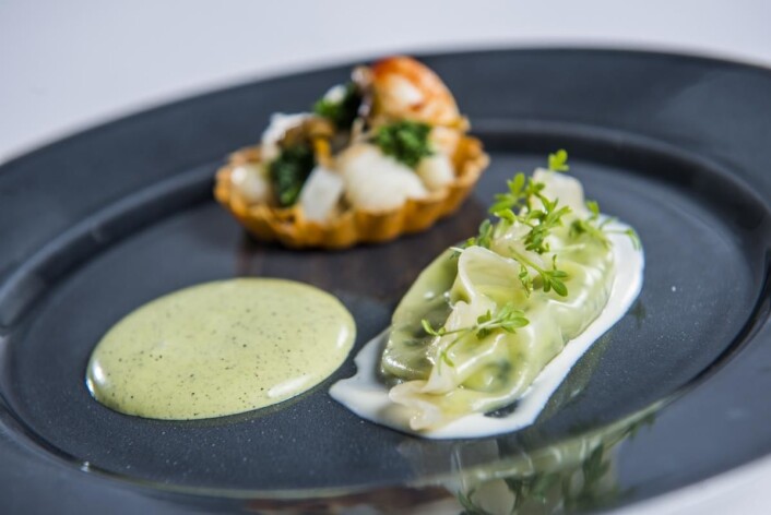 Kjell Patrick Ørmen Johnsens forrett: Terte fylt med krem på traktkantarell, sellerirot, og miso. Bløtkokt vaktelegg, skjærgårdsneper og grønnkål. Dumpling fylt med purreløk og chevre. (Foto: Fredrik Ringe) Kjell Patrick Ørmen Johnsens forrett: Terte fylt med krem på traktkantarell, sellerirot, og miso. Bløtkokt vaktelegg, skjærgårdsneper og grønnkål. Dumpling fylt med purreløk og chevre. (Foto: Fredrik Ringe)
