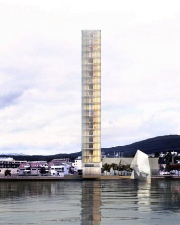 Det planlagte Fauske-hotellet vil rage 76 meter opp i lufta, og blir et markant landemerke. (Illustrasjon: Snøhetta) Det planlagte Fauske-hotellet vil rage 76 meter opp i lufta, og blir et markant landemerke. (Illustrasjon: Snøhetta)