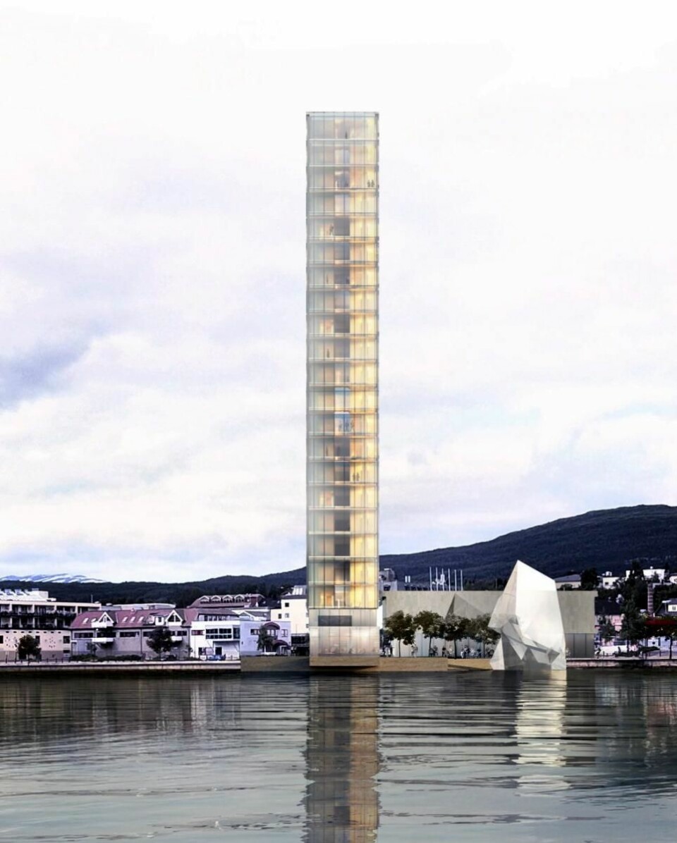 Det planlagte Fauske-hotellet vil rage 76 meter opp i lufta, og blir et markant landemerke. (Illustrasjon: Snøhetta)