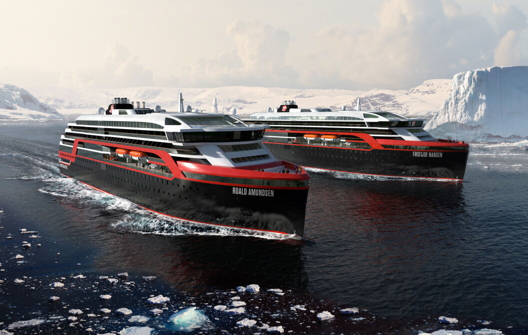 Hybridskipene MS Roald Amundsen og MS Fritjof Nansen skal seile norskekysten sommeren 2019. (Illustrasjon: Hurtigruten) Hybridskipene MS Roald Amundsen og MS Fritjof Nansen skal seile norskekysten sommeren 2019. (Illustrasjon: Hurtigruten)