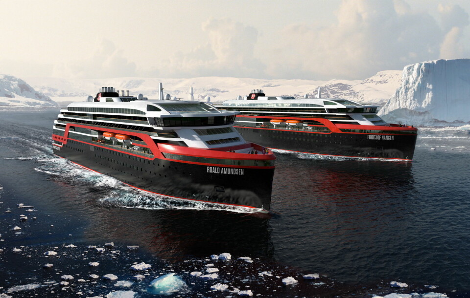 Hybridskipene MS Roald Amundsen og MS Fritjof Nansen skal seile norskekysten sommeren 2019. (Illustrasjon: Hurtigruten)