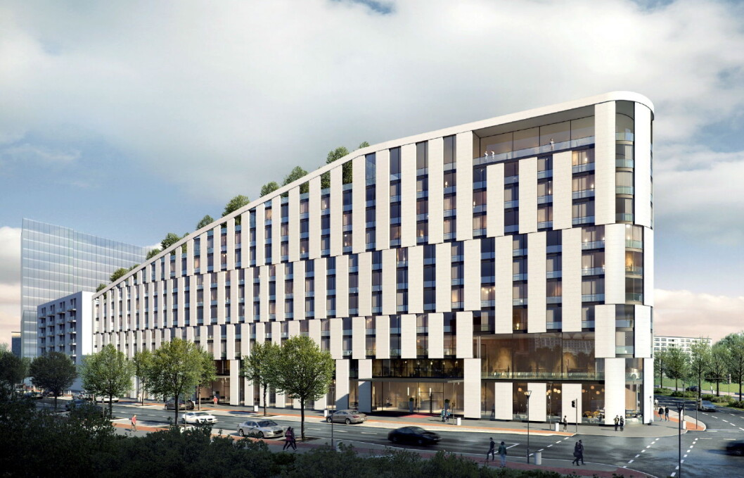 Slik er tegningen av det store Scandic-hotellet, som skal åpnes i Frankfurt i 2021. (Illustrasjon: Scandic Hotels) Slik er tegningen av det store Scandic-hotellet, som skal åpnes i Frankfurt i 2021. (Illustrasjon: Scandic Hotels)