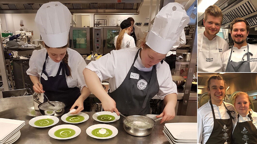 Klare for Norgescup for lærlinger. Elisabet Throne (til venstre) og Caroline Wilson Iglebæk, kokkelærlinger på henholdsvis Restaurant Sjøhuset og Bønder i Byen i Kristiansand. Øverst til høyre: Sindre Iversen (til venstre) og Andreas Gjuvsland, kokkelærlinger på Bekkjarvik Gjestgiveri i Austevoll. Nederst til høyre: Vanja Kristine Høl Nilsen og Olve Akselsen, kokkelærlinger på Scandic Maritim i Haugesund. (Foto: NHO Reiseliv) Klare for Norgescup for lærlinger. Elisabet Throne (til venstre) og Caroline Wilson Iglebæk, kokkelærlinger på henholdsvis Restaurant Sjøhuset og Bønder i Byen i Kristiansand. Øverst til høyre: Sindre Iversen (til venstre) og Andreas Gjuvsland, kokkelærlinger på Bekkjarvik Gjestgiveri i Austevoll. Nederst til høyre: Vanja Kristine Høl Nilsen og Olve Akselsen, kokkelærlinger på Scandic Maritim i Haugesund. (Foto: NHO Reiseliv)
