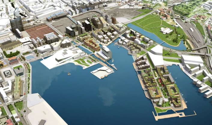 Skissen viser hvordan hele området i Bjørvika og Sørenga blir når det skal stå helt ferdig i 2025. (Illustrasjon: Via Nova/Oslo S Utvikling) Skissen viser hvordan hele området i Bjørvika og Sørenga blir når det skal stå helt ferdig i 2025. (Illustrasjon: Via Nova/Oslo S Utvikling)