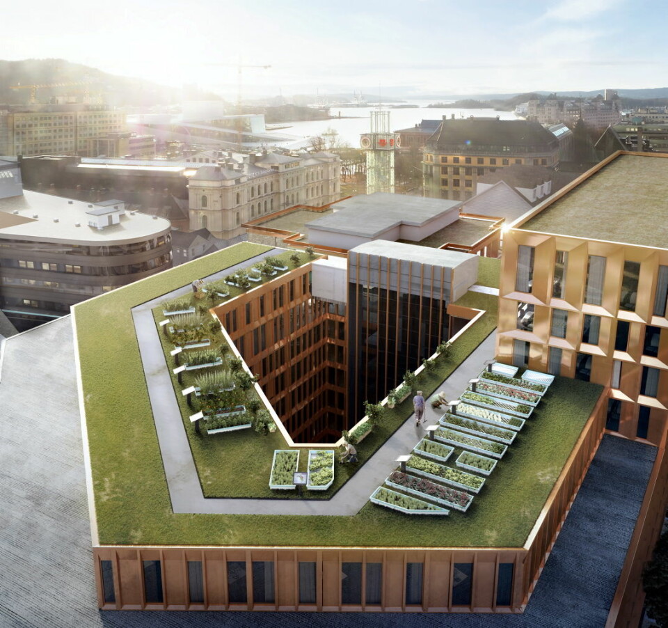 På taket av Clarion Hotel the Hub, vil det bli en stor takåker. Dette kun er en illustrasjon, ikke slik det blir seende ut når den står ferdig. (Illustrasjon: Nordic Choice Hotels).