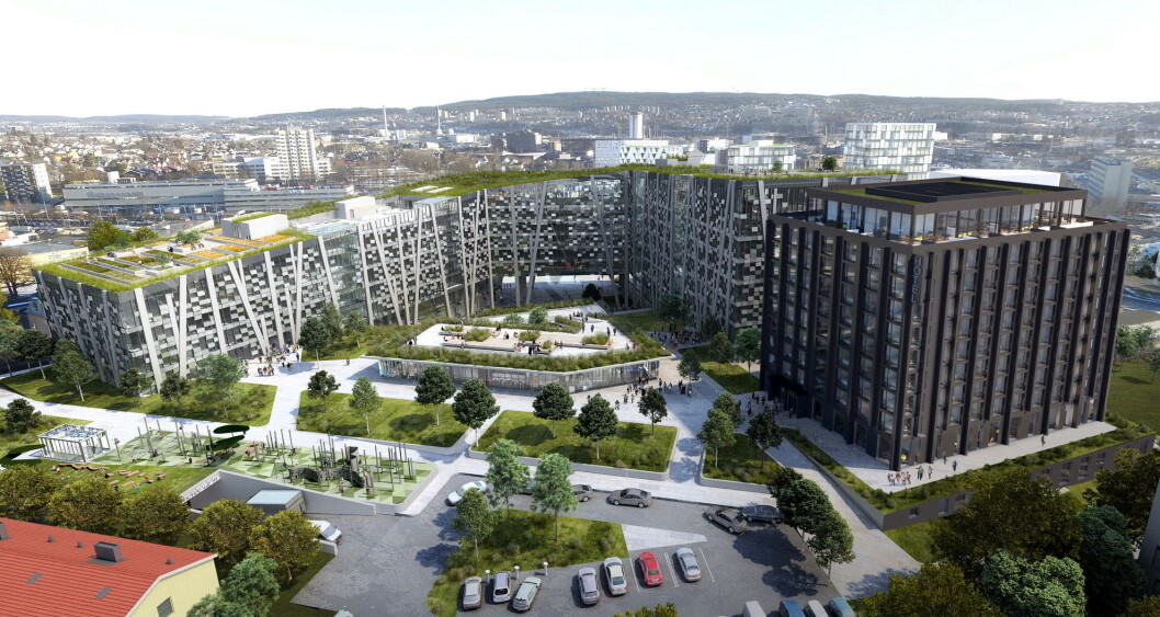 Slik blir Økern Portal når det skal stå ferdig i 2020/2021. Hotellet helt til høyre i bildet. (Illustrasjon: Økern Portal) Slik blir Økern Portal når det skal stå ferdig i 2020/2021. Hotellet helt til høyre i bildet. (Illustrasjon: Økern Portal)