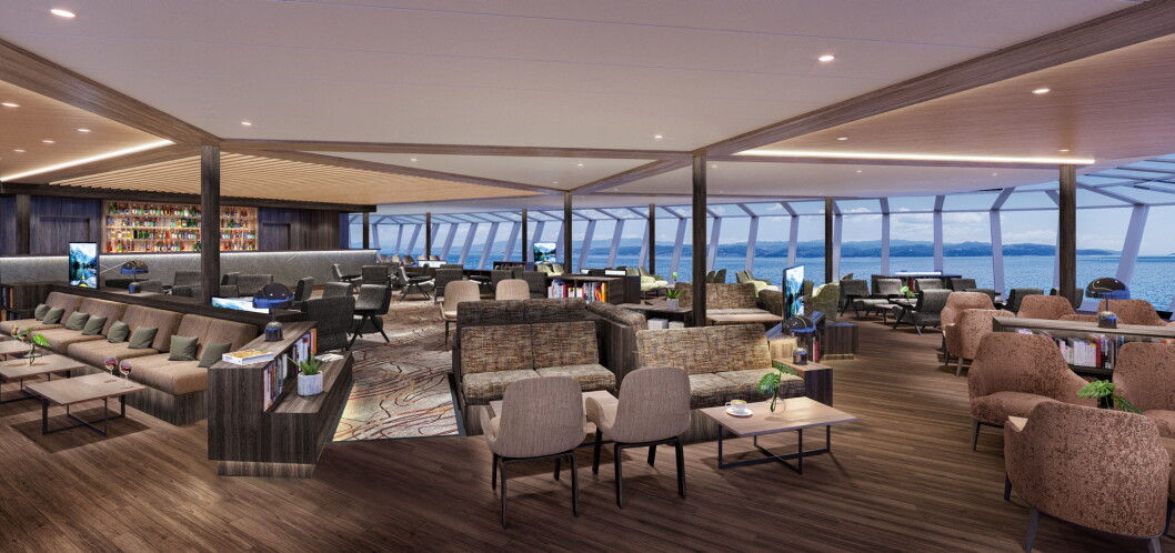 Slik blir Frams nye Explorer Lounge & Bar, utsikt gjennom enorme panoramavinduer på tre sider. (Illustrasjon: Hurtigruten) Slik blir Frams nye Explorer Lounge & Bar, utsikt gjennom enorme panoramavinduer på tre sider. (Illustrasjon: Hurtigruten)