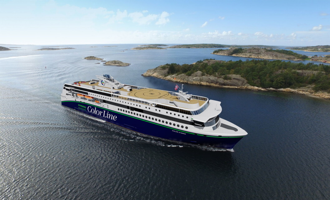 Color Hybrid blir med sine 160 meter lengde og 27 meter bredde verdens største hybridferge. Fergen skal seile deler av ruten Sandefjord-Strömstad på batteri. (Bilde: Fosen Yard/Ulstein) Color Hybrid blir med sine 160 meter lengde og 27 meter bredde verdens største hybridferge. Fergen skal seile deler av ruten Sandefjord-Strömstad på batteri. (Bilde: Fosen Yard/Ulstein)