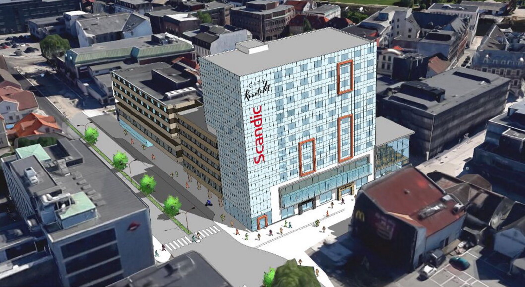 Et 12 etasjer høyt tilbygg til dagens Scandic City i Fredrikstad trekkes over en liten del av dagens seks etasjer høye hotellbygg. (Illustrasjon: Bjar Arkitekter) Et 12 etasjer høyt tilbygg til dagens Scandic City i Fredrikstad trekkes over en liten del av dagens seks etasjer høye hotellbygg. (Illustrasjon: Bjar Arkitekter)