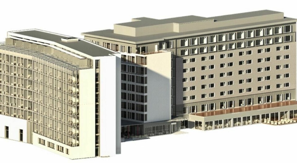 Den nye hotelldelen (til venstre) skal bygges der det i dag er parkeringsplass. (Illustrasjon: Scandic Helsfyr)
