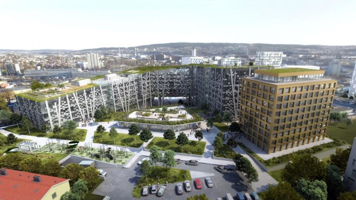 Økern Portal skal ferdigstilles i 2021. Hotelldelen til høyre i skissen. (Illustrasjon: Økern Portal/Radisson Hotel Group) Økern Portal skal ferdigstilles i 2021. Hotelldelen til høyre i skissen. (Illustrasjon: Økern Portal/Radisson Hotel Group)