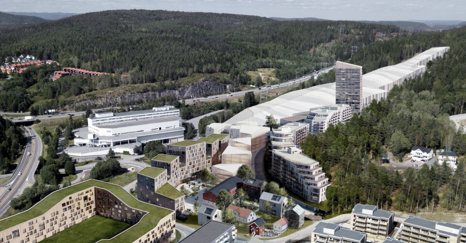 Illustrasjon av SNØ og den nye bydelen Snøporten på Lørenskog. Det nye Thon-hotellet skal bygges inntil innendørsarenaen SNØ. (Illustrasjon: (C) Reiulf Ramstad Arkitekter)