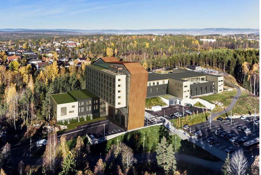 lllustrasjonen viser det planlagte hotellet, sett fra sørøst. Hotellet blir på ni etasjer hvor fem etasjer er avsatt til hotellrom. (Illustrasjon/foto: Kongeveien Eiendom AS/Oppegård kommune) lllustrasjonen viser det planlagte hotellet, sett fra sørøst. Hotellet blir på ni etasjer hvor fem etasjer er avsatt til hotellrom. (Illustrasjon/foto: Kongeveien Eiendom AS/Oppegård kommune)