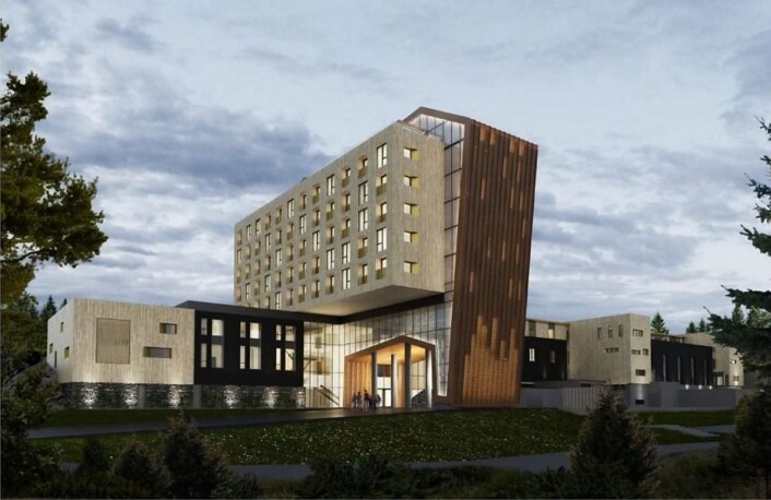 Det planlagte hotellet, sett fra sørøst. Hotellet blir på ni etasjer, der fem etasjer er avsatt til hotellrom. (Illustrasjon: Kongeveien Eiendom AS) Det planlagte hotellet, sett fra sørøst. Hotellet blir på ni etasjer, der fem etasjer er avsatt til hotellrom. (Illustrasjon: Kongeveien Eiendom AS)