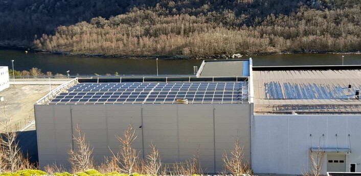 Solcelleanlegget på taket til kjøle- og fryselageret hos Jæder Ådne Espeland. (Foto: Jæder)