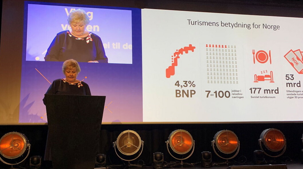 Statsminister Erna Solberg (H) åpnet NHO Reiselivs årskonferanse 2019 på Clarion Hotel The Hub i Oslo sentrum. (Foto: NHO Reiseliv) Statsminister Erna Solberg (H) åpnet NHO Reiselivs årskonferanse 2019 på Clarion Hotel The Hub i Oslo sentrum. (Foto: NHO Reiseliv)