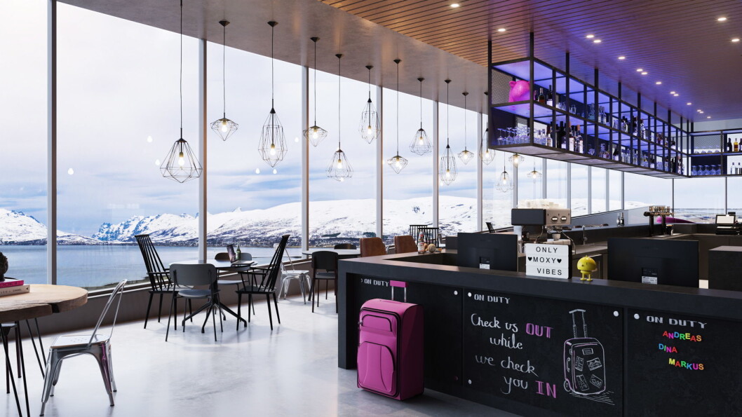 Moxy Hotels skal etablere seg i Tromsø. Både fellesarealer og resepsjon blir å finne i toppetasjen. (Foto/illustrasjon: Moxy Hotels) Moxy Hotels skal etablere seg i Tromsø. Både fellesarealer og resepsjon blir å finne i toppetasjen. (Foto/illustrasjon: Moxy Hotels)