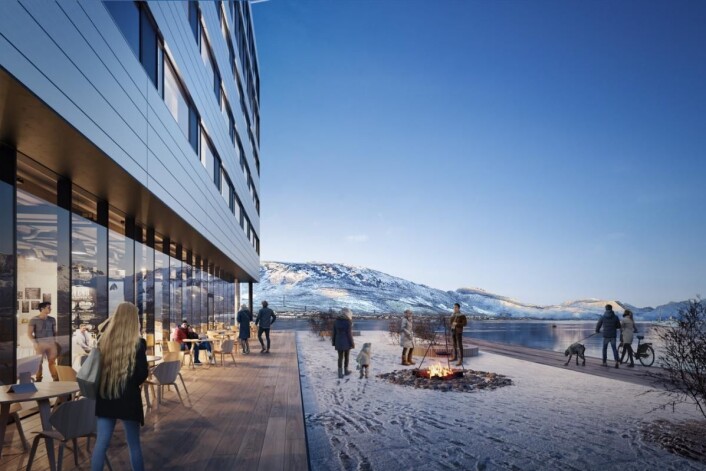 Fasade med panoramautsikt mot Vesterålens høye tinder. (Illustrasjon: Scandic Hotels) Fasade med panoramautsikt mot Vesterålens høye tinder. (Illustrasjon: Scandic Hotels)