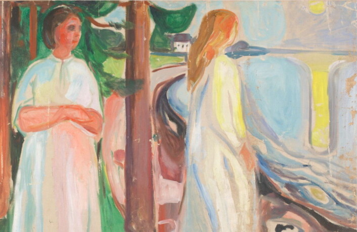 Oljemaleriet «To hvitkledde kvinner på stranden» av Edvard Munch pryder veggen i lobbyen på Clarion Hotel Oslo. (Foto: Clarion Hotel) Oljemaleriet «To hvitkledde kvinner på stranden» av Edvard Munch pryder veggen i lobbyen på Clarion Hotel Oslo. (Foto: Clarion Hotel)