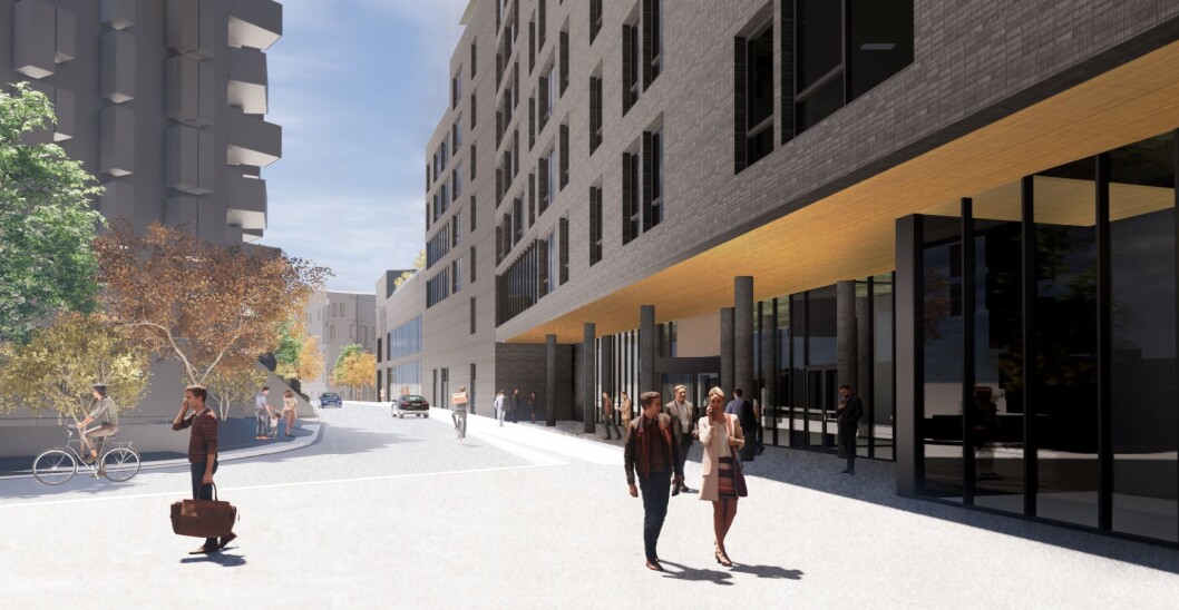 Her blir det ski inn og ski ut med totalt 300 gjesterom. (Illustrasjon: Hille Melbye Arkitekter AS) Her blir det ski inn og ski ut med totalt 300 gjesterom. (Illustrasjon: Hille Melbye Arkitekter AS)