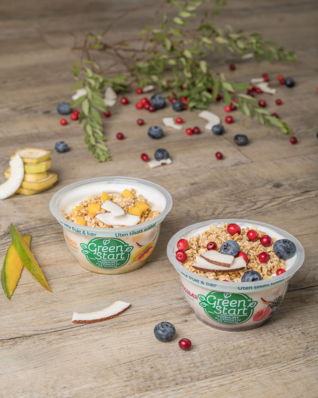 Green Start passer på frokost- eller lunsjbordet, og kommer i smaksvariantene skogsbær eller mango/banan. (Foto: Alna AS) Green Start passer på frokost- eller lunsjbordet, og kommer i smaksvariantene skogsbær eller mango/banan. (Foto: Alna AS)