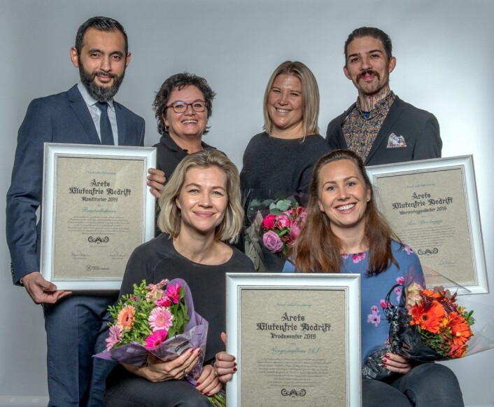 Vinnerne av de tre kategoriene i Årets glutenfrie bedrift i 2019. (Foto: Olav Urdahl) Vinnerne av de tre kategoriene i Årets glutenfrie bedrift i 2019. (Foto: Olav Urdahl)