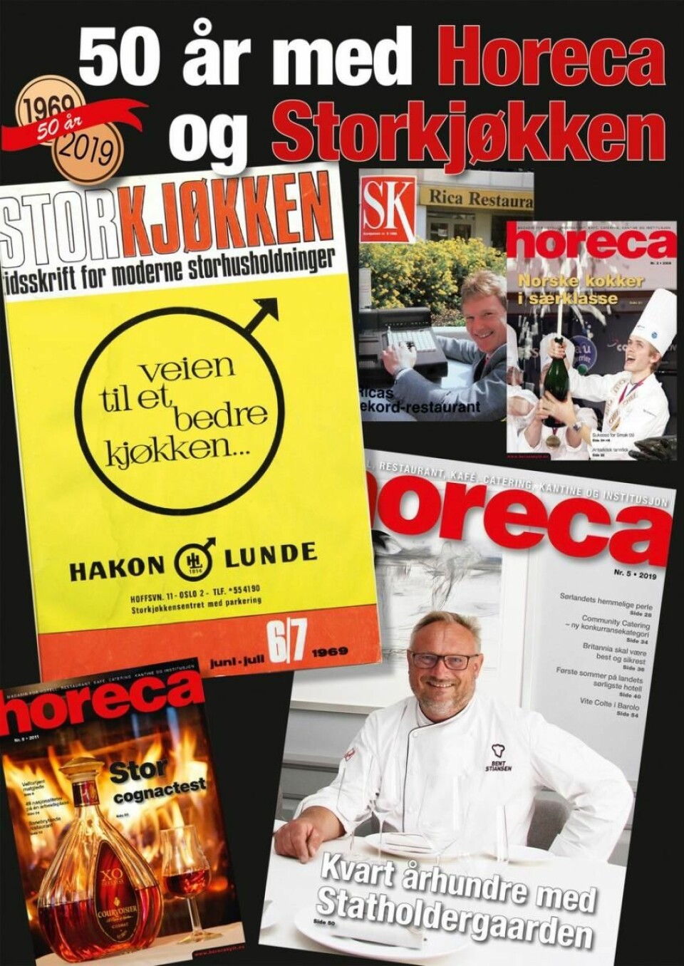 Forsiden på Horecas 50-årsjubileumsutgave, som distribueres sammen med magasinutgave 7 i 2019. (Layout: Tove Sissel Larsgård)