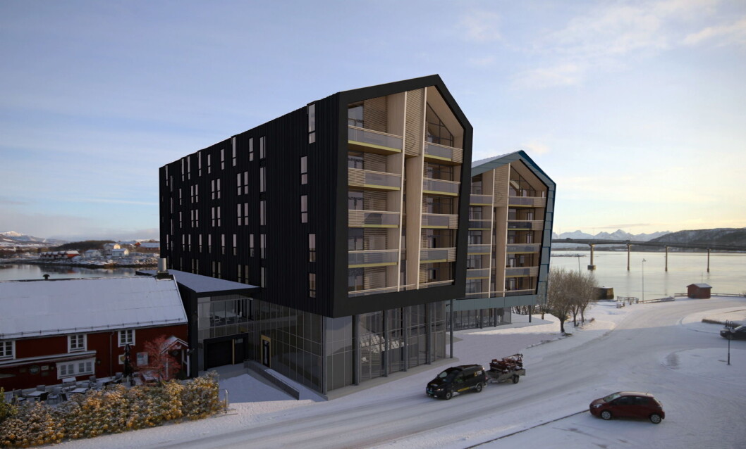 Skisse av det kommende storhotellet på Stokmarknes. (Illustrasjon: VisAvis arkitekte/Quality Hotel) Skisse av det kommende storhotellet på Stokmarknes. (Illustrasjon: VisAvis arkitekte/Quality Hotel)
