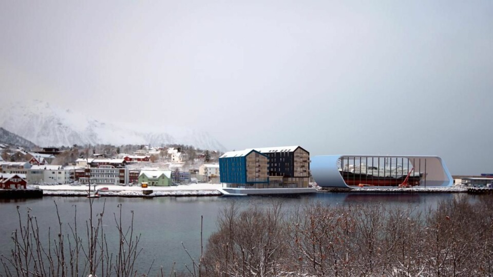 Det nye hotellet vil bli nærmeste nabo til det nye Hurtigrutemuseet. (Illustrasjon: VisAvis arkitekte/Quality Hotel)