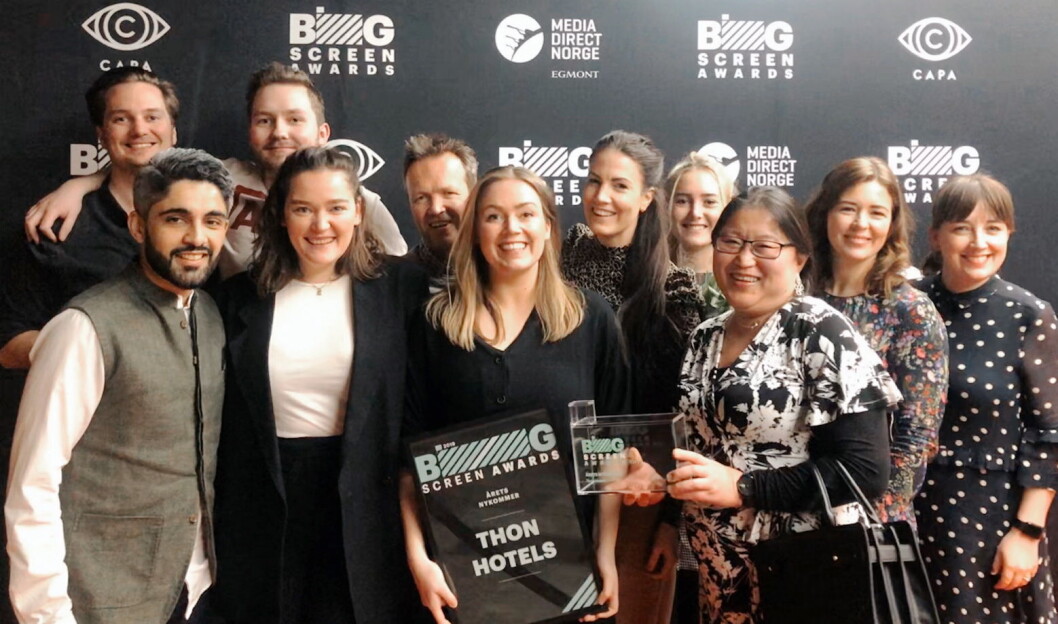 Markedsteamet til Thon Hotels og Atyp under Big Screen Awards i Oslo 30. januar 2020 på Vika Kino. (Foto: Thon Hotels) Markedsteamet til Thon Hotels og Atyp under Big Screen Awards i Oslo 30. januar 2020 på Vika Kino. (Foto: Thon Hotels)