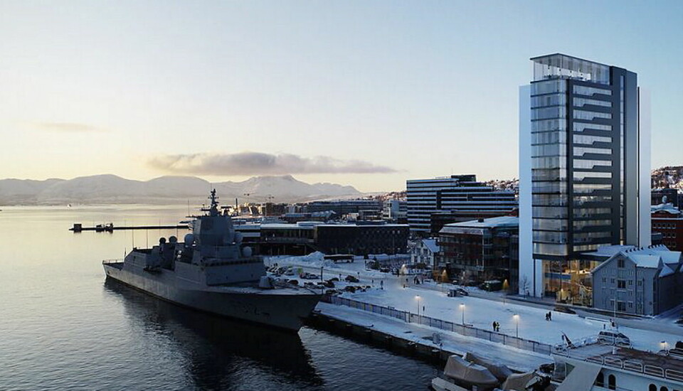 Quality-hotellet i Tromsø er tenkt bygd helt nede på kaia. I bakgrunnen Clarion Hotel The Edge. (Illustrasjon/foto: Hamperokken Arkitektur)