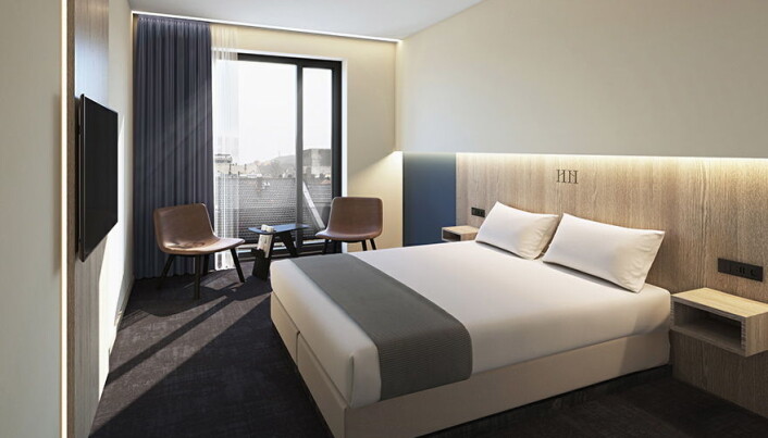 Fra ett av rommene på nye Thon Hotel Norge i Kristiansand. (Foto: Thon Hotels) Fra ett av rommene på nye Thon Hotel Norge i Kristiansand. (Foto: Thon Hotels)