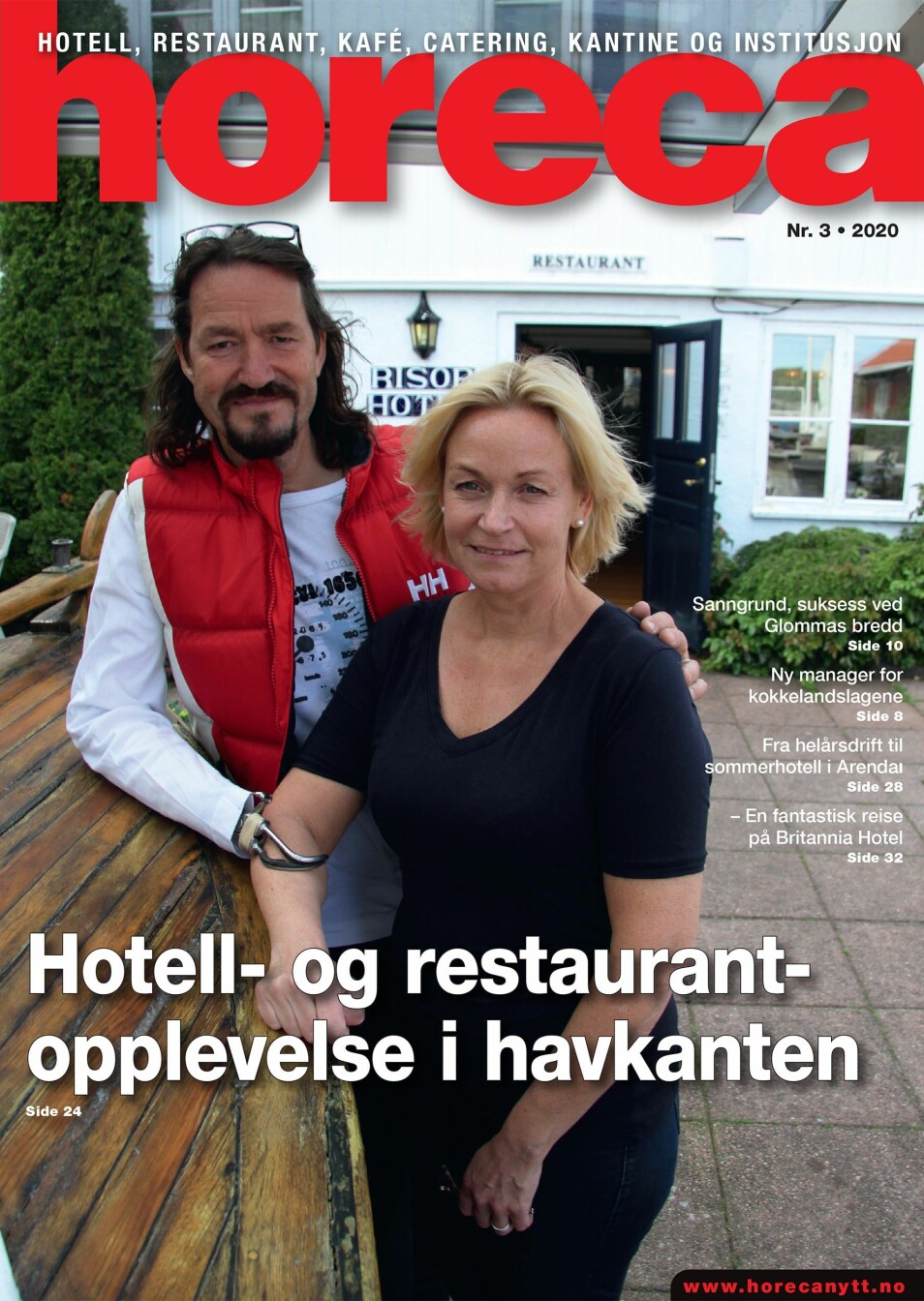Forsiden på Horecas tredje utgave i 2020. Mona Gjester Eikeland og Dag Eikeland driver Risør Hotel og Stangholmen fyr. (Foto: Morten Holt/layout: Tove Sissel Larsgård)