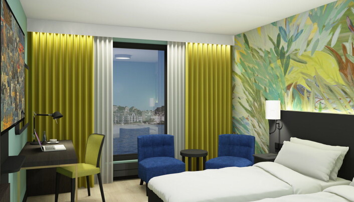 Foreløpig skisse av et nytt rom på Thon Hotel Ålesund. (Illustrasjon: Ramsøskar interiørarkitekter) Foreløpig skisse av et nytt rom på Thon Hotel Ålesund. (Illustrasjon: Ramsøskar interiørarkitekter)