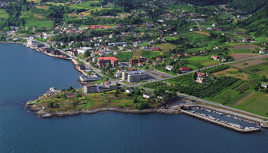 Sognefjord Hotel, med tomten på halvøya til venstre i bildet, er til salgs. I bakgrunnen sentrum av Hermannsverk. (Foto: Sognefjord Hotel) Sognefjord Hotel, med tomten på halvøya til venstre i bildet, er til salgs. I bakgrunnen sentrum av Hermannsverk. (Foto: Sognefjord Hotel)