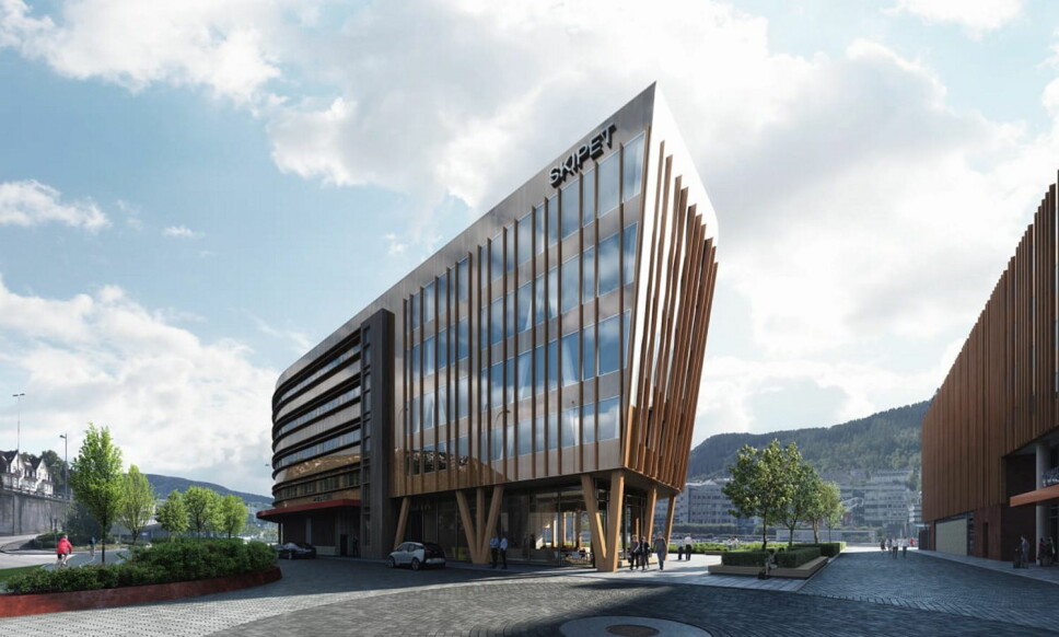 Compass Group skal drifte personalrestaurant, resepsjon og kaffebar i Bergens første næringsbygg i massivtre, «Skipet». (Foto: MIR)