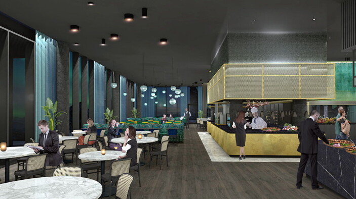 Restauranten vil få flere konsepter og det kommer uteservering om sommeren. (Foto/Illustrasjon: Thon Hotels) Restauranten vil få flere konsepter og det kommer uteservering om sommeren. (Foto/Illustrasjon: Thon Hotels)